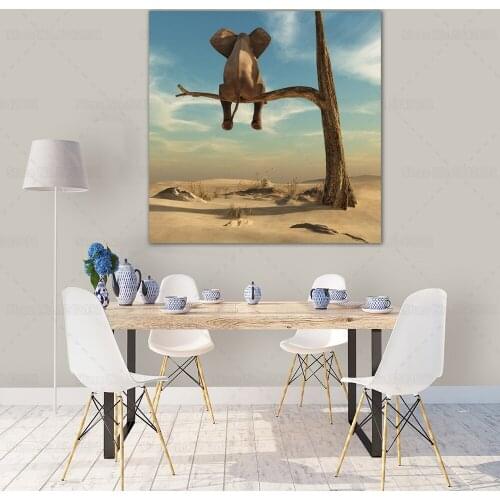 Sitting On The Tree Funny Elephant Poster Desert Landscape Elephant Back Canvas Painting Wall Art Decor for Living Room