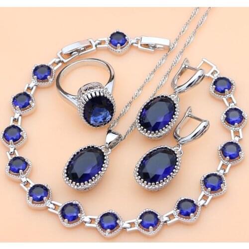 925 Sterling Silver Jewelry Blue Sapphire Jewelry Sets for Women Earrings/Pendant/Necklace/Rings/Bracelet Dropshipping
