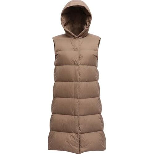 2021 Winter Womens Long Waistcoat Ultra Light 90% White Duck Down Vest With Hooded Female Warm Sleeveless Plus Size 3XL