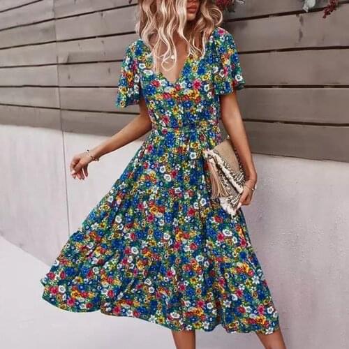 WomenS Floral V-Neck Midi Dress Casual Loose Print Flower Boho Short Sleeve V-Neck Streetwear Summer Dresses Female 2021