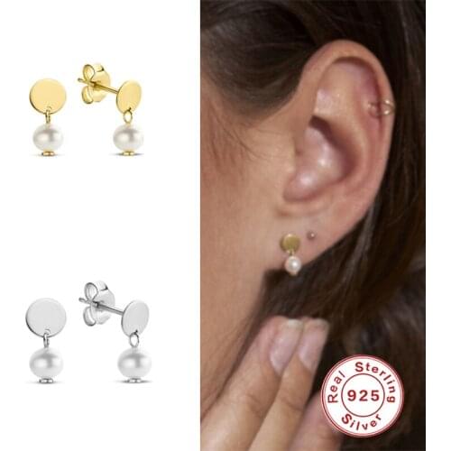 GS 925 Sterling Silver Round Disc Stud Earrings With Elegant Pearl Beads Pendant For Women Gentle White Pearls Charm Earrings