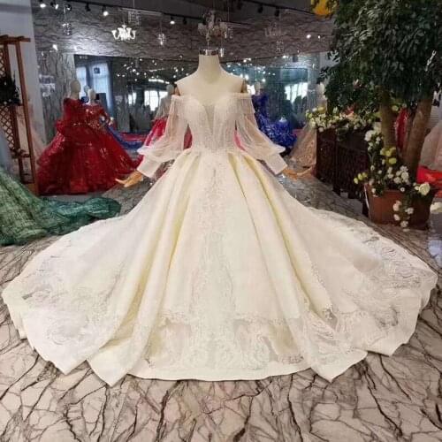 BGW HT42119 Satin Wedding Dresses Like Cut-out Style Boat Neck Long Lantern Sleeve Bridal Dress With Train Vestido De Noiva 2020