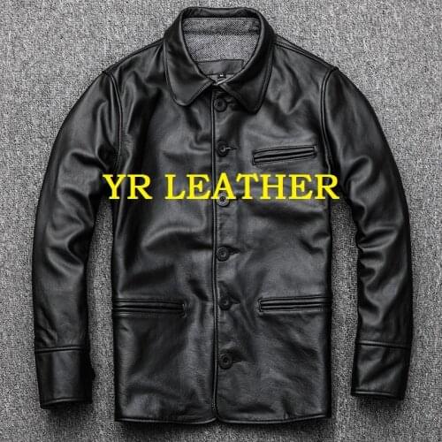 YR!Free shipping.Wholesales.Brand New casual style leather jacket men.cowhide coat for man.quality slim classic brakeman