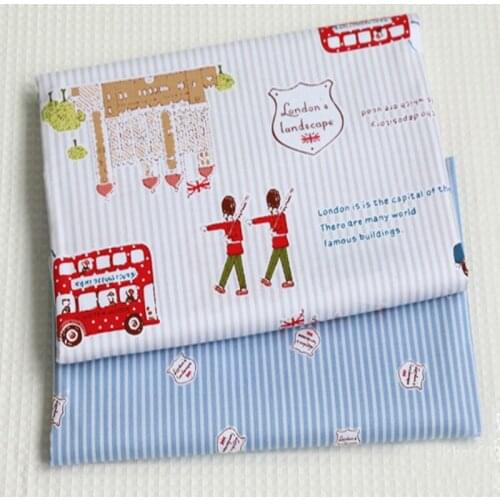 Classic 50x160cm UK Royal Soliders Bus & Blue Stripe Printed Cotton Fabric For DIY sewing Doll Cloth bedding quilting