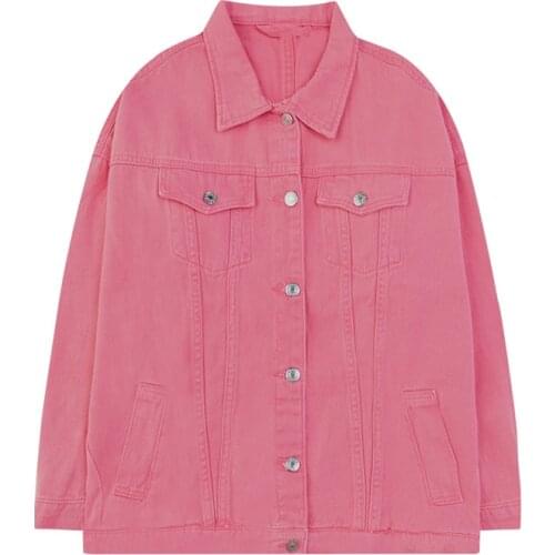 Rose Red Denim Jacket Men / Women Couple Oversize Cotton Solid Color Outerwear Spring And Autumn High Street Loose Casual Coat