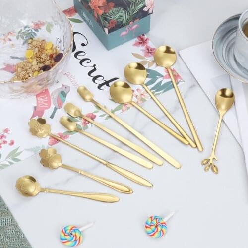 1PCS Tea Coffee Mixing Spoon Gold Spoon Long Handle Dessert Stainless Steel Vintage Teaspoons Drink Tableware Flower Design Gift