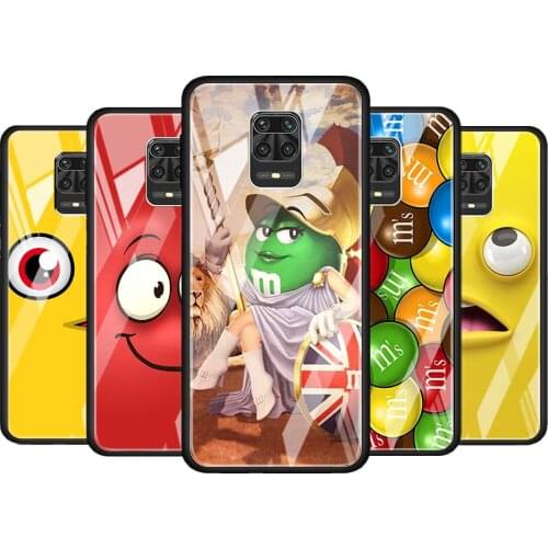 Cute M&M Chocolate for Xiaomi Redmi Note 10 Pro Max 10S 9T 9S 9 8T 8 7 Pro 5G Luxury Tempered Glass Phone Case Cover