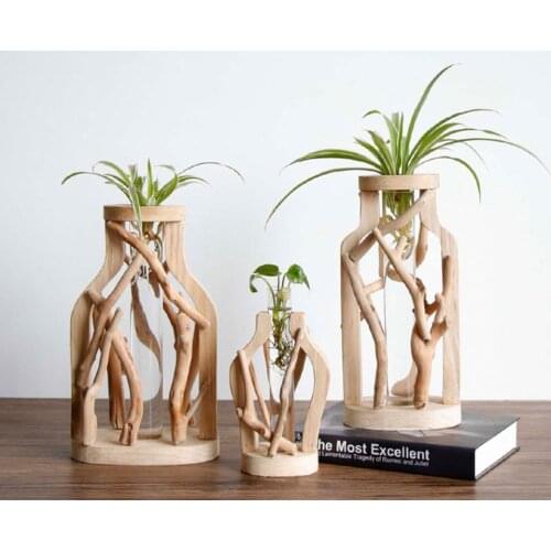 Table Glass Test Tube Propagation Hydroponic Indoor Plant Vase With Wooden Frame Desktop glass Vase Home Decoration