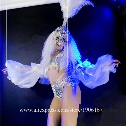 Nightclub Sexy Rhinestone Chain Ballroom Costume White Party Valentines Day Dress Stage Performance DS Clothes