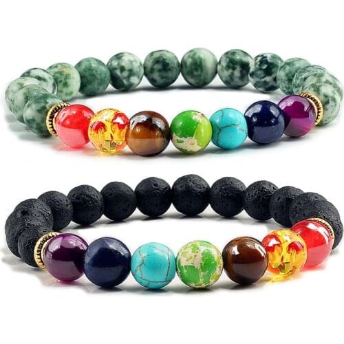 Charm Men Chakra Bracelets Women Jewelry Lava Stone Green Agates Spotted bead Quartz Bangles Elastic Bracelet Female Accessories