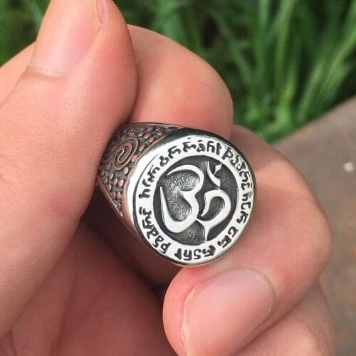 Om Aum Yoga Buddhist Meditation 316L Silver Color Stainless Steel Amulet Ring Men Women Talisman Biker Jewelry