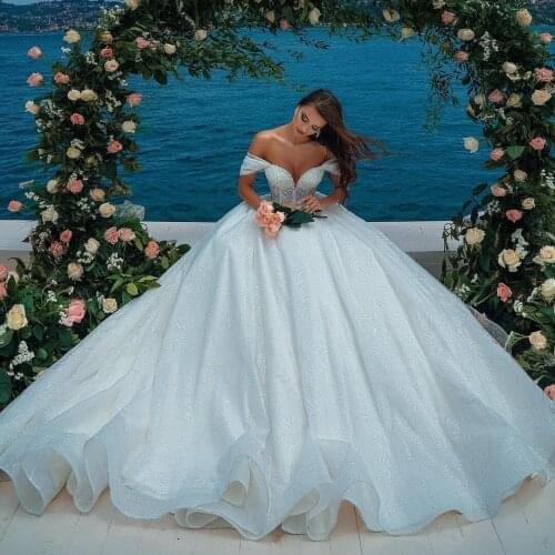 Fancy A Line Wedding Dress Lace Top Off the Shoulder Bohemian Bridal Gowns Bling Bling Glitter vestido de novia