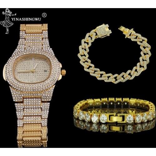 Luxury Men Gold Color Watch & Bracelet Full Set Hip Hop Crystal Miami Iced Out Cuban Chain For Men Rapper New Arrivals 2020