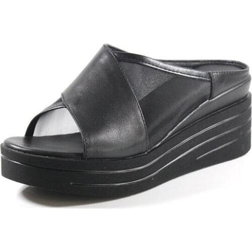 2020 New Summer Fish Mouth Mesh Sandals Women Genuine Leather Sandals Comfortable Elegant Silppers Non-slip Wear Wedge Sandals