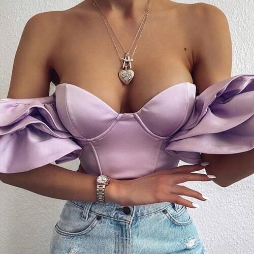 Sexy pleated ruffled sleeve one-shoulder crop top