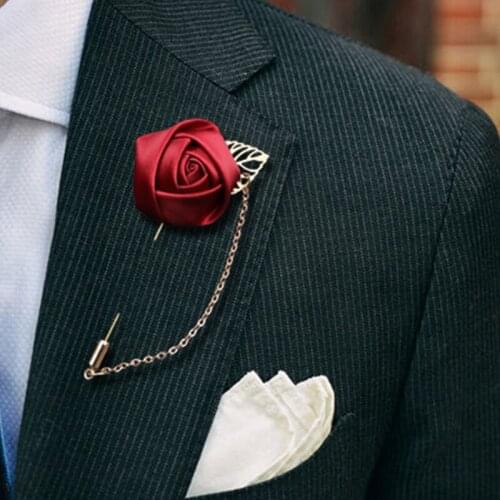 Korean Bridegroom Wedding Brooches Cloth Art Hand-made Rose Flower Brooch Lapel Pin Badge Tassel Chain Mens Suit Accessories