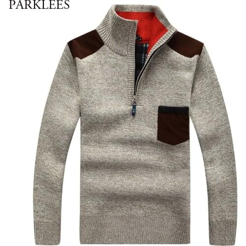 Thick Warm Patchwork Mens Pullover Sweater Turtleneck Half Zip Mens Sweaters Fashion Pocket Splice Men Winter Long Sleeve Coat
