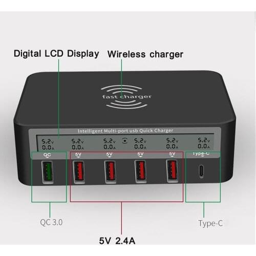 Universal 7-in-1 Type C Qi Wireless Charger 5x USB QC 3.0 Fast Charge With LCD Voltage Current Display For iphone Samsung Mobile
