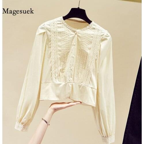 Spring O-Neck Lace Blouse Elegant Floral Lace Up Ladies Shirt New Fashion White Office Lady Tops Long Sleeve Blouse Blusas 13123