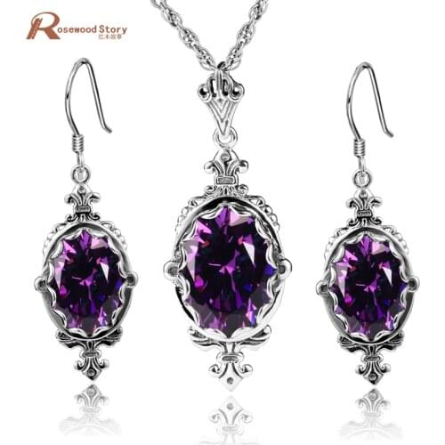 Charms Oval Cut Vintage Wedding Purple Luxury Stones CZ 925 Sterling Silver Jewelry Sets Crystal Pendant Earrings Set For Women