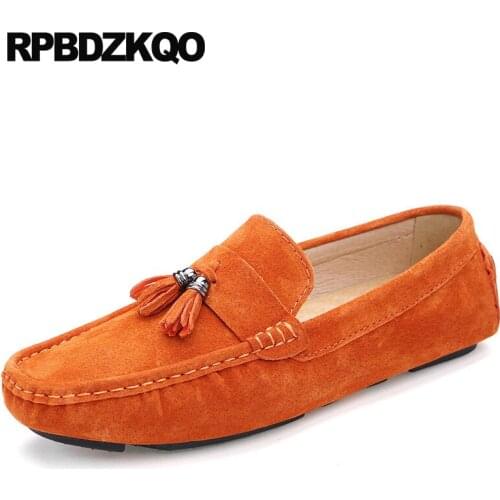 Suede Moccasins Leather Men Shoes Orange New Loafers Flats Tassel Breathable Smoking Slippers Rubber Sole Slip On Summer Driving