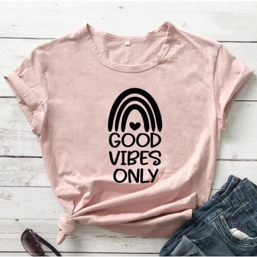 Good Vibes Only Rainbow T-shirt Kawaii Women Graphic Motivational Tees Tops Summer Short Sleeve Positive Slogan Tshirt Camiseta