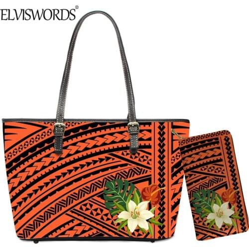 ELVISWORDS Brand Design Women Luxury PU Handbag Polynesian Hawaii Flowers Print Large Capacity Tote Lady Casual Shoulder Bag