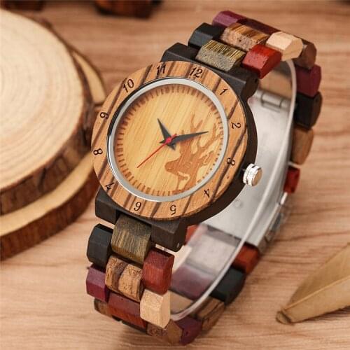 Multicolor Bamboo Bracelet Watch Lady Female Quartz Analog Wristwatch Deer Elk Dial Womens Clock Full Wooden Strap Gifts Reloj