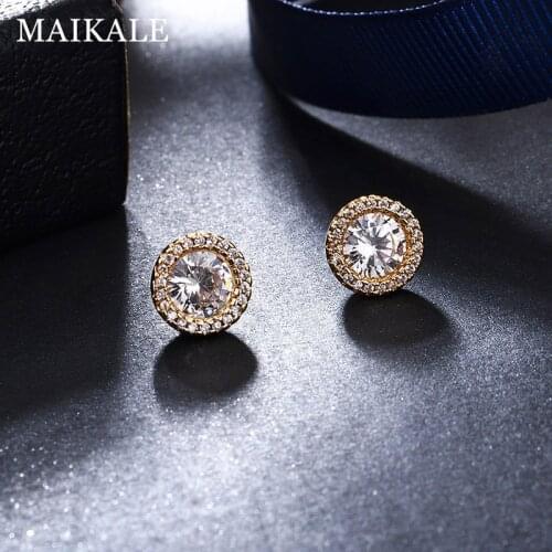 MAIKALE Classic Simple Stud Earrings Round Plated Gold Silver Color White AAA Cubic Zirconia Korean Earrings For Women Send Gift