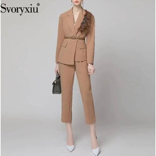 Svoryxiu Fashion Autumn Woman Office Lady Casual Pants Suit Lapel Crystal Diamond Net Yarn Sashes Coat+Slim Trousers Two Sets Of