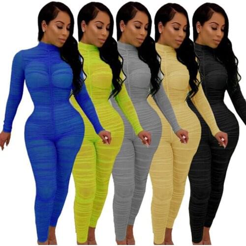 OMSJ Neon Green Color Playsuit Sexy Skinny Long Sleeve Jumppsuit Womens Turtleneck Mesh Sheer Bodycon Clubwear One Piece Outfits