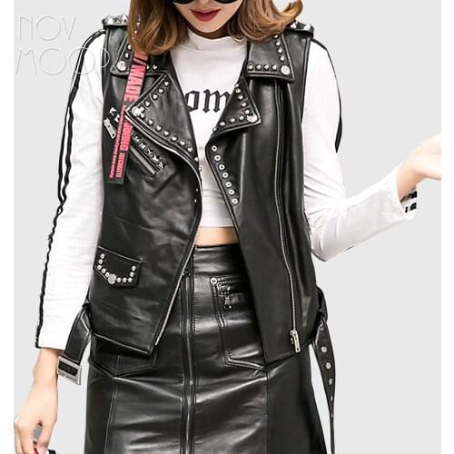 American style women casual black genuine leather real lambskin vest coat jacket rivet zipper decor veste femme chalecos LT2724
