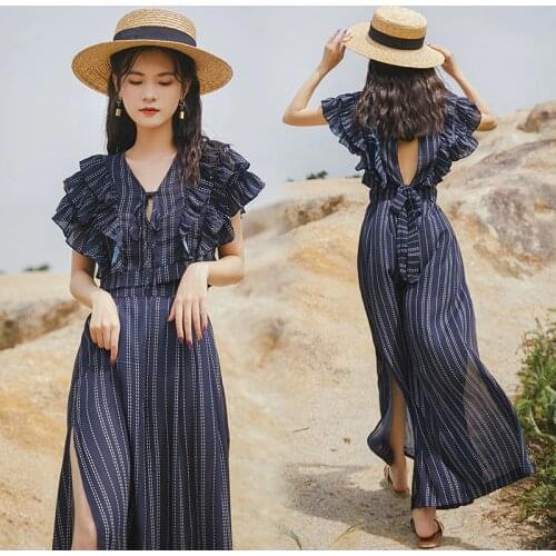 2021 New Women Summer Stylish Chiffon Two Piece Set Holiday Suit Ruffle V Neck short Tops with Long Wide Leg Split Pants