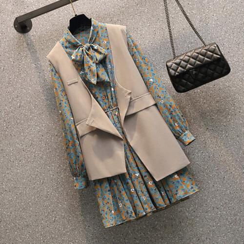 Plus Size Womens 2021 Spring Chiffon Floral Shirt Suit Vest Loose Fashion Two Piece Set Sleeveles Blazer Waistcoat Outfit y1468