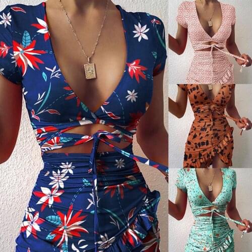 Slim fit Fashion Bohemian Dress Women V-Neck Short Sleeve Lace Up Bohemian Floral Print Irregular Midi Dress print dress streetw