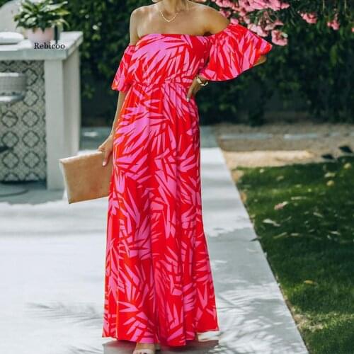 Casual Print Women Dress Summer Vacation Style Slash Neck Backless Loose Maxi Dress