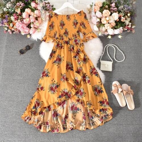 Beach Holiday Floral Print Dress Retro Women Slash Collar Irregular Long Dresses Elegant Vacation Ruffles Dress Sexy Ropa Mujer