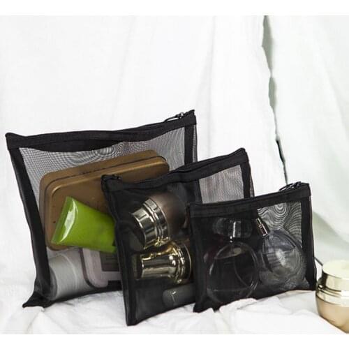 066F 3 Pcs/Set Black Mesh Cosmetic Bags Travel Zipper Storage Pouch Toiletry Wash Bag