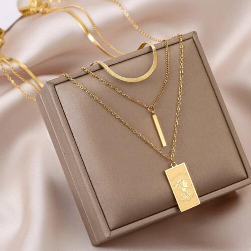 XIYANIKE 316L Stainless Steel 3 Layer Gold Color Square Necklaces Trendy Simple Chain Choker 2021 New Pendants For Women Collier