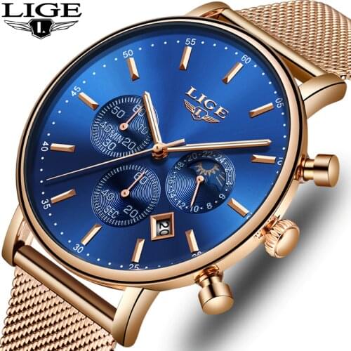 LIGE NEW Fashion Men Watches Top Brand Luxury Rose gold Quartz Watch Men Casual Waterproof Sport Watch Relogio Masculino
