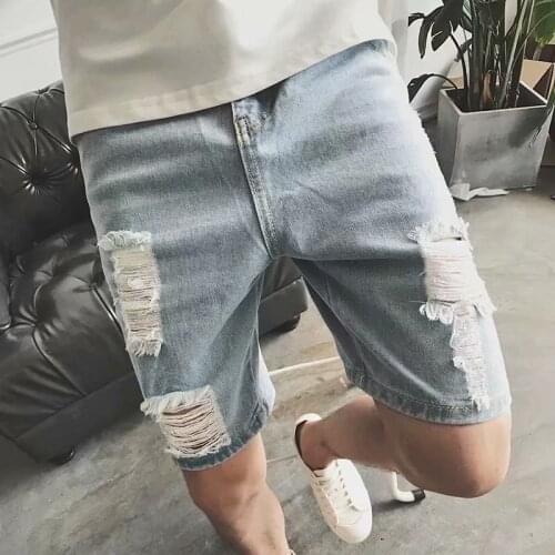 New Summer Holes Mens Casual Skinned Jeans Korean Slim Youth Student Short Pants Men Denim Shorts Ripped Jeans