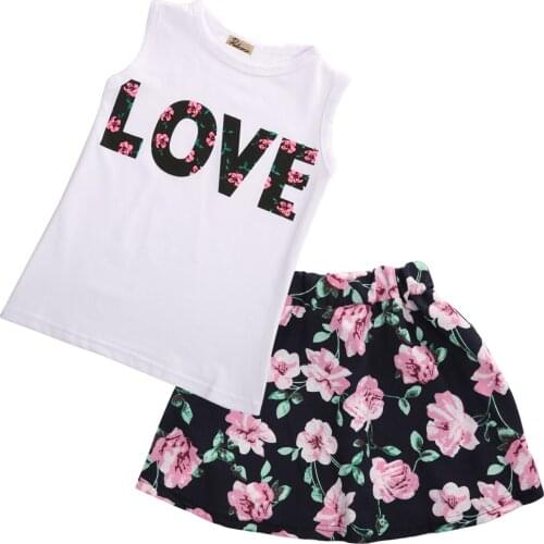 Emmababy Flower Girs Clothing Age 2-7Y baby girls clothes set 2pcs/set love sleeveless T-shirts+print mini skirts Outfits Set