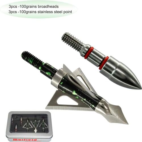 Maifield Hunting Broadhead 100 Grain | 3 PK | Stainless Steel Field Points | 3 PK | Bow Archery Accessories, Value Pack