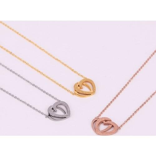 Fashion Stainless Steel telesthesia Love Double Heart Pendant Necklace Rose Gold Color Women Lady Wedding Party Gift