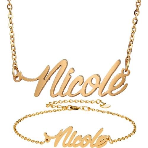 Fashion Stainless Steel Name Necklace Bracelet Set " Nicole " Script Letter Gold Choker Chain Necklace Pendant Nameplate Gift