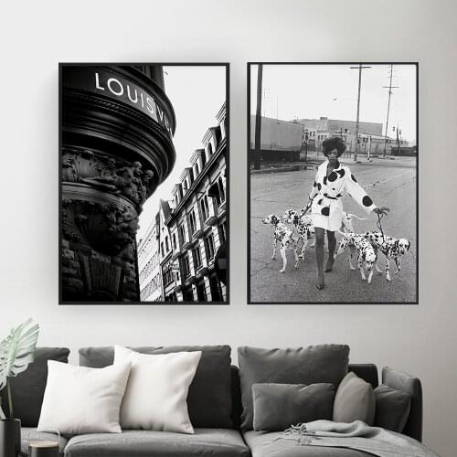 Fashion Paris Brand Poster and Print Model with Dog Wall Art Canvas Painting Black and White Pictures for Living Room Home Decor