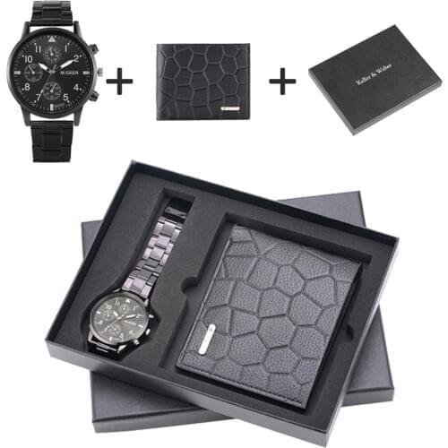 Fashion Men Wristwatch Wallet Set Quartz Dial Stainless Steel Strap Folding Buckle Leather Wallet Purse Gifts Set for Father Dad