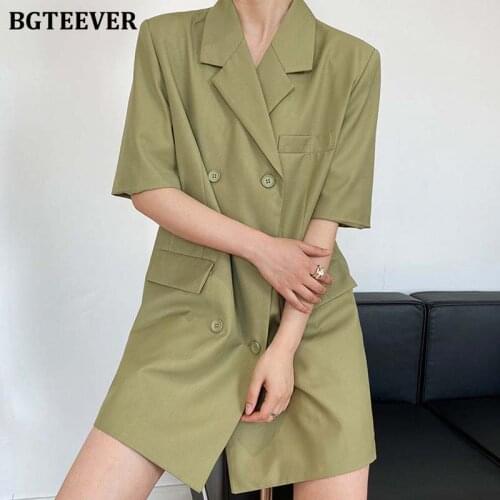 BGTEEVER Summer Notched Collar Women Suit Dress Elegant Double Breasted Short Sleeve Loose Female Mini Dress Ladies Vestidos