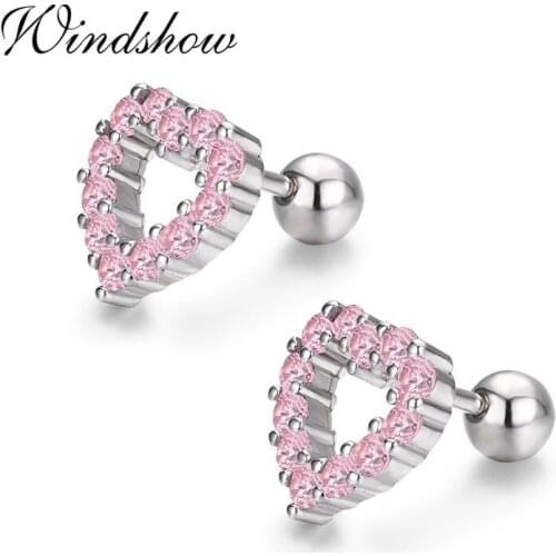 Cute 925 Sterling Silver Heart Set Pink CZ Screw Back Stud Earrings For Women Child Girls Kids Jewelry Orecchini Aros Aretes