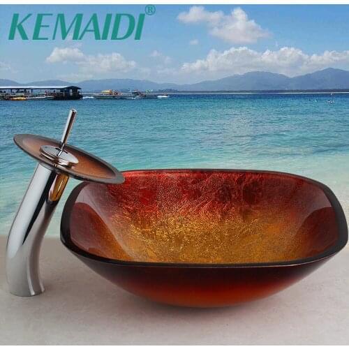 KEMAIDI Gold Bathroom Sink Washbasin Bath Set Faucet Mixer Tempered Glass Hand Painted Bathroom Basin Tap Waterfall Square